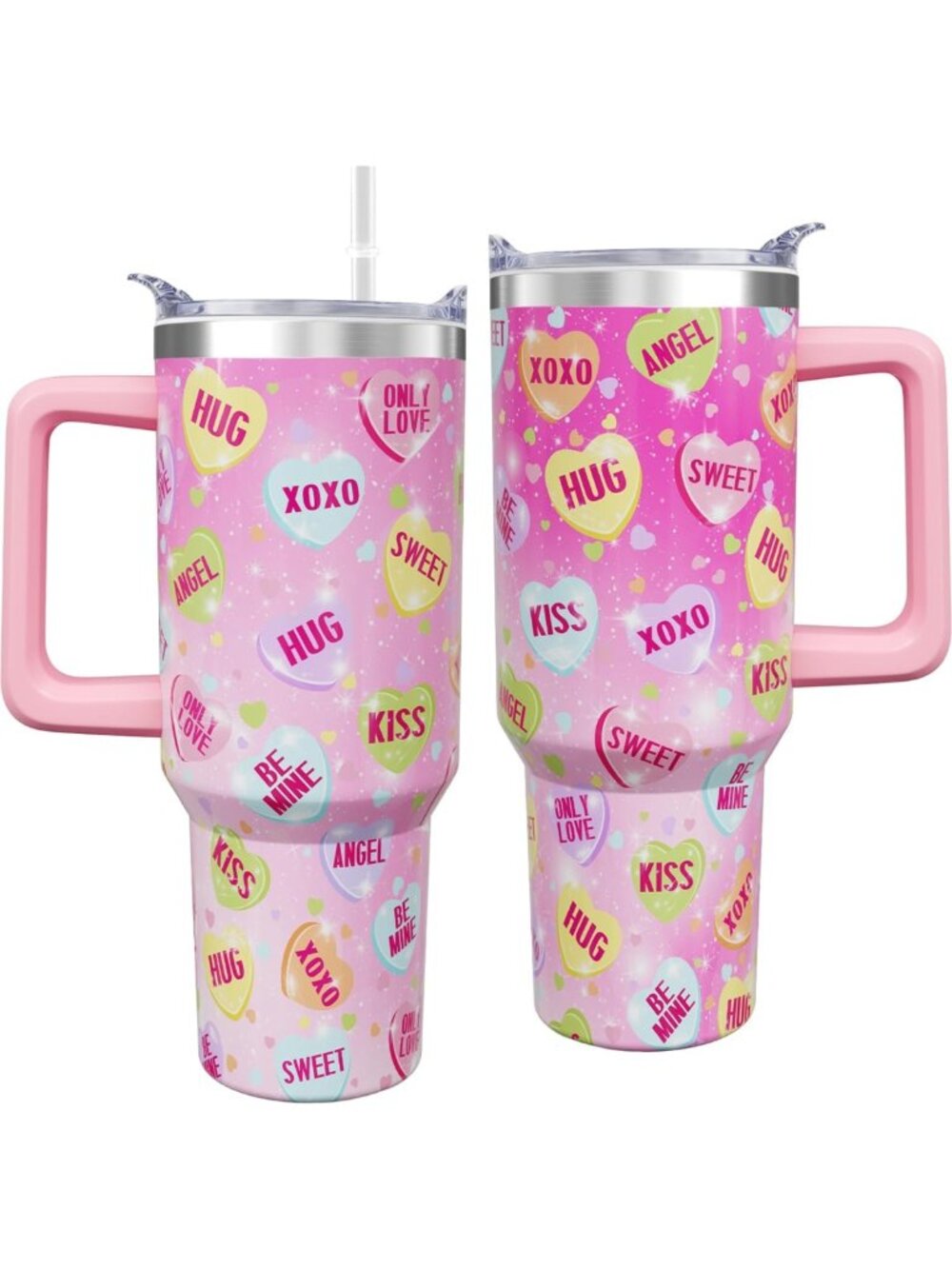 Valentine's Day 40 oz Tumbler with Handle, Straw - Pink Candy Heart Travel Cup